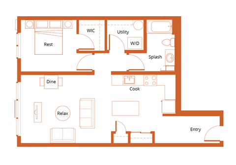 Floor plan for 1 bed, 1 bath, 808 sqft